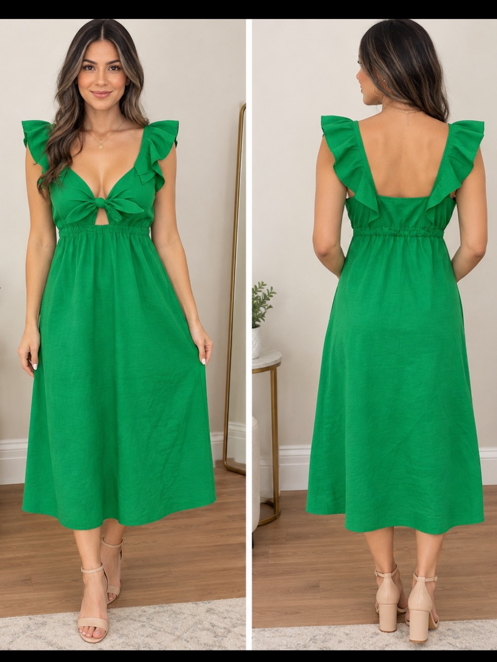 DREW Emerald Green Midi Dress with Ruffle Sleeves